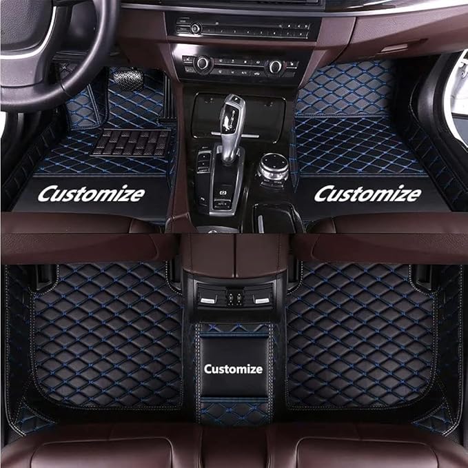 Customize Making Car Floor Mats for 99.99% Sedan SUV Pickup Truck Full Coverage Men Women Cute Leather Protection Pads Non-Slip Floor Liners (Black Blue Thread)
