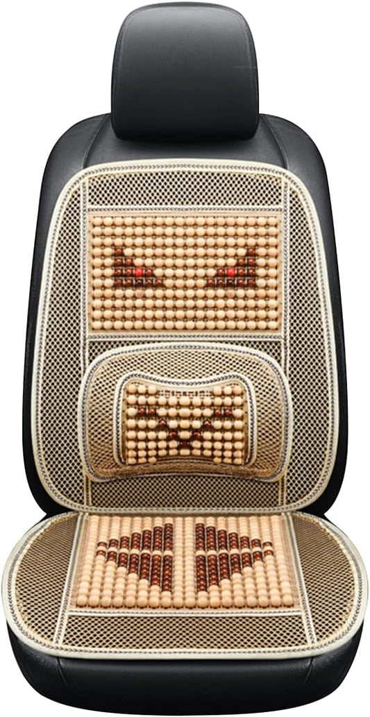 Natural Wood Beaded Seat Cover with Cooling Ventilated Mesh, Massage Seat Cushion with Lumbar Support for Car/Truck Driver