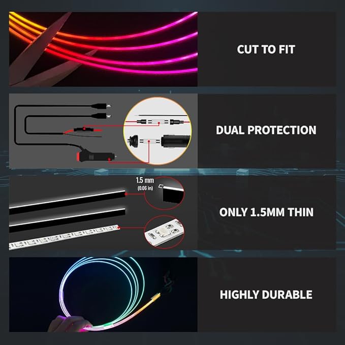 Ambient Lighting Car Led Lights Interior Kit,10 in 1 RGB Music Sync Acrylic Led Lights for Car Interior,175 inches Fiber Optic Neon Accent Strip Night Ambiance Footwell Lighting with Wireless APP