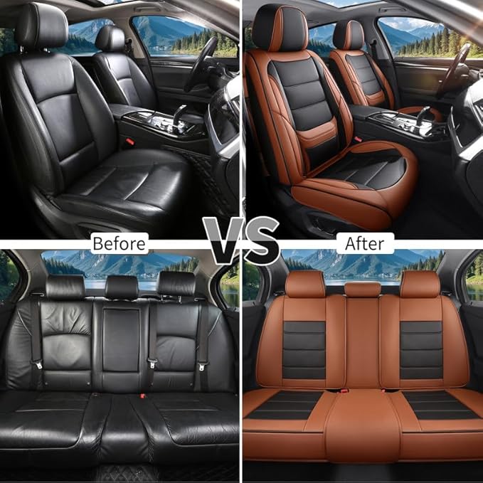 Car Seat Covers Full Set Custom Fit for Ford Edge 2007-2025 2026-Luxury Leather with Lumbar Support, Breathable, Waterproof, Anti-Slip, Durable, Easy to Install (BlackBrown,Full Set)