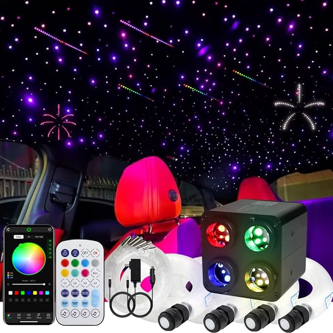 AZIMOM 4Colors 2 in 1 Meteor Twinkle Fiber Optic Starlight Headliner Kits 1200pcs 0.03in 9.8ft Fiber Strands,RGB Meteor Shooting Star 240pcs, Sound Remote APP Control Home Ceiling Car Headliner Decor