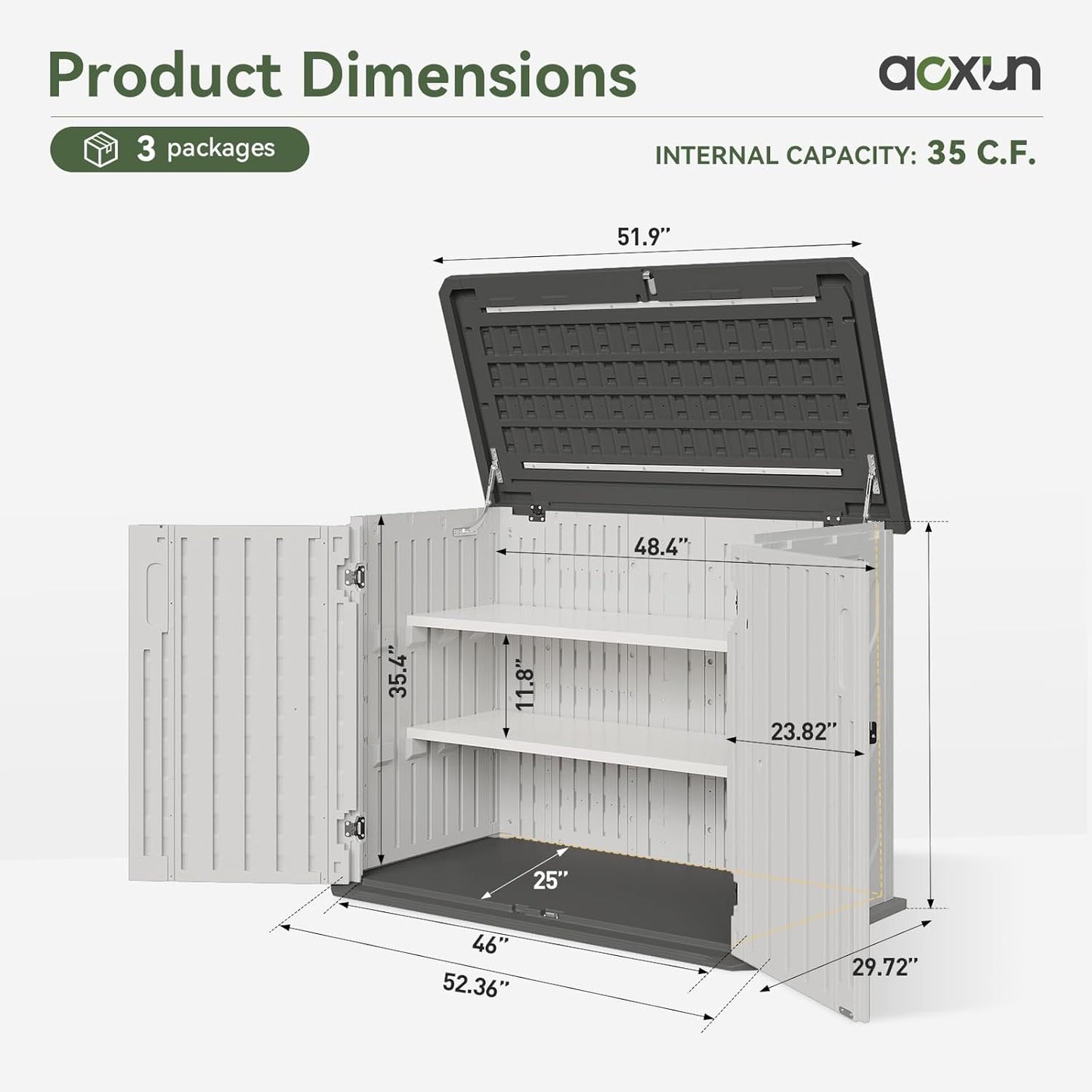 Aoxun White Outdoor Storage Cabinet with 2 Shelves, 35 Cu.Ft Trash Can Storage Shed, Waterproof, Horizontal Storage for Garbage Bin, Generator, Lawn Mower