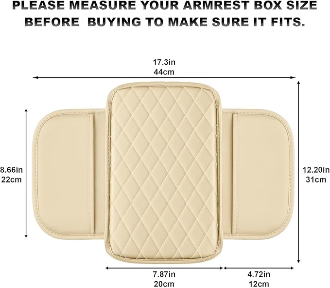 Upgraded Car Center Console Cover Fit for Highlander Faux Leather Car Armrest Cover Cushion with 2 Storage Bags,Car Armrest Storage Box Interior Accessories(Beige&Whiteline)