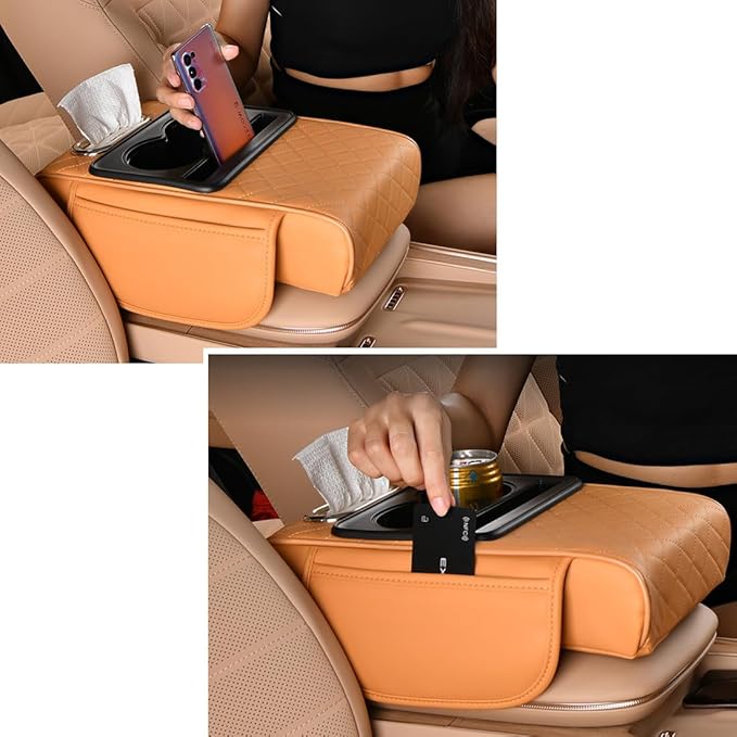 Car Armrest Cushion for SUV with Cup Holder 2.75" Height,5-in-1 Center Console Cover with 2 Storage Bags, Tissue Box Slot, Phone Slot for Sedans, Car Accessories Interior Organizers (Black)