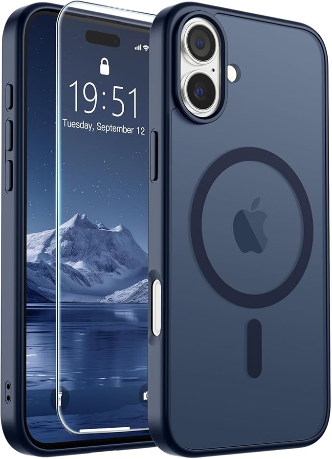 SUPFINE Magnetic for iPhone 16 Plus Case with Screen Protector (Compatible with MagSafe) (Military Grade Drop Protection) Translucent Matte Shockproof Phone Cover,Dark Blue