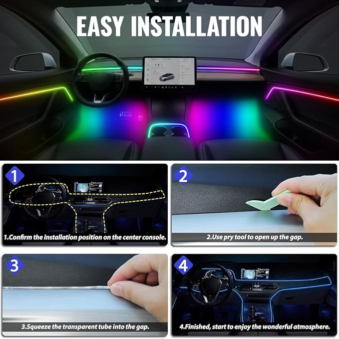 Acrylic Car Led Lights Interior with APP,Universal RGB Acrylic Ambient Lighting Car Kit,175 inch Neon Flexible Fiber Optic Led Strip Music Sync Lights for Car,6 in 1 USB Power Dashboard Decorations