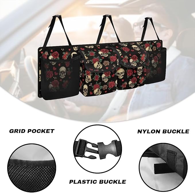 Skull Rose Car Trunk Organizer with 4 Storage Bags Hanging Waterproof Car Back Seat Organizer for SUV,Truck,Van Collapsible Cargo Bag