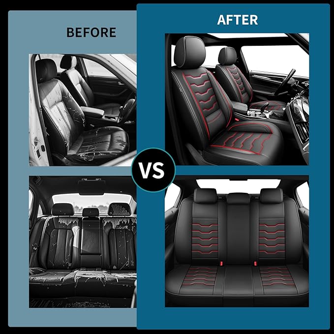 Fit Sentra Car Seat Covers Compatible with Nissan Sentra 2001-2025 2026 - Full Set Premium Leather， Waterproof Breathable， All-Weather Seat Cushion Protecto&Airbag Compatible（Red Line Black