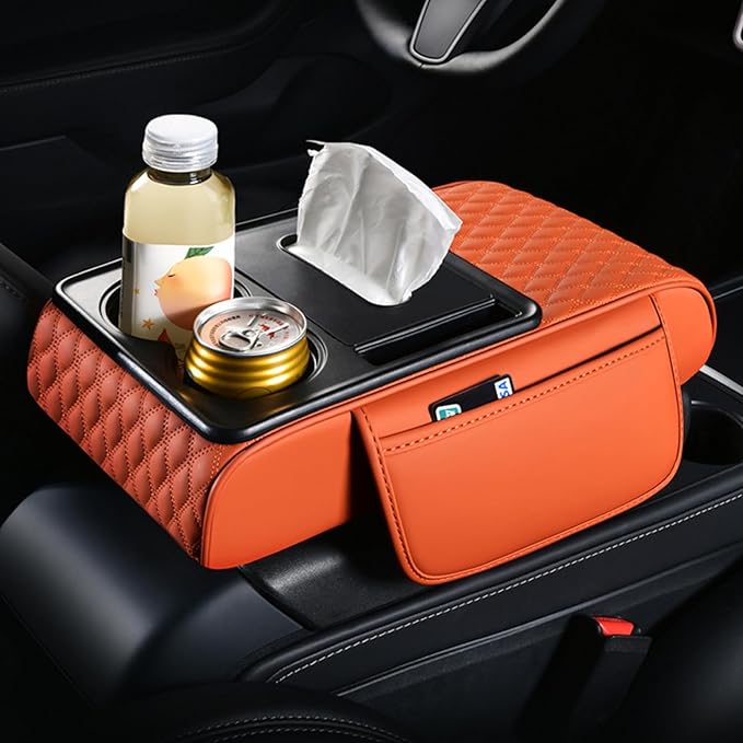 5-in-1 Car Armrest Pad Cushion, Water Ripple Embossed Center Console Booster Pad with Tissue Box, Cup Holder, Storage Bag, Phone Slot, Fit for Most Sedan Vehicles (Water Ripple Series, Pink)