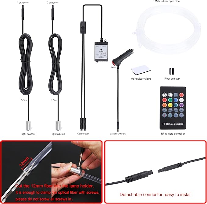 Car Ambient Lighting Optic Fiber 8 Colors Music Sound Active with RF Remote Control Car Decorative Atmosphere Lighting Kit DC 12V 1W 3m