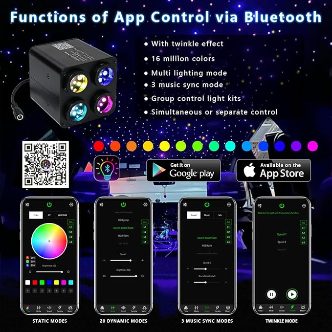 AKEPO 36W 4 Color Twinkle Fiber Optic Starlights Headliner Lights Kit, Optical Fibers Music Sync Bluetooth APP Control Starlight Kit, 1500pcs*13.1ft