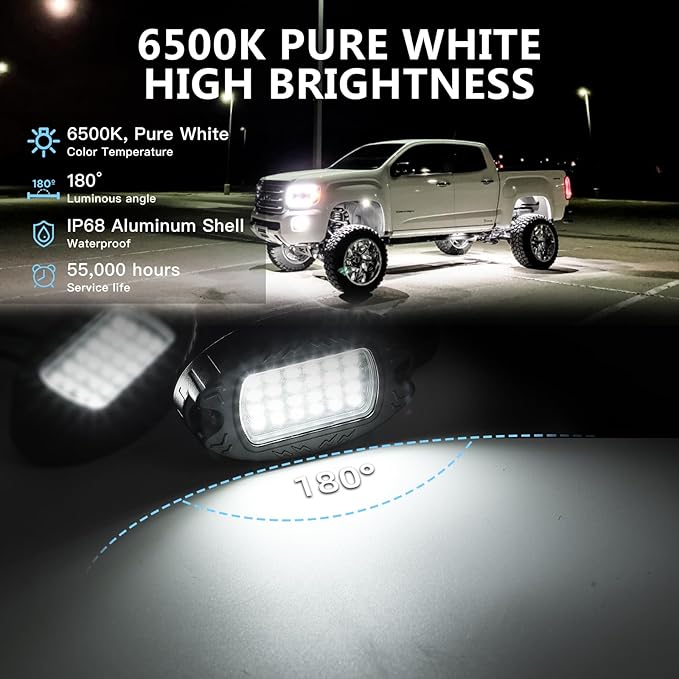6 Pods Pure White LED Rock Lights, IP68 Waterproof Aluminum 6500K Bright White Underglow Light with Extension cord Harness,12V Metal Fender Lights for UTV ATV SXS RZR Car Golf cart Trucks Off Road Etc