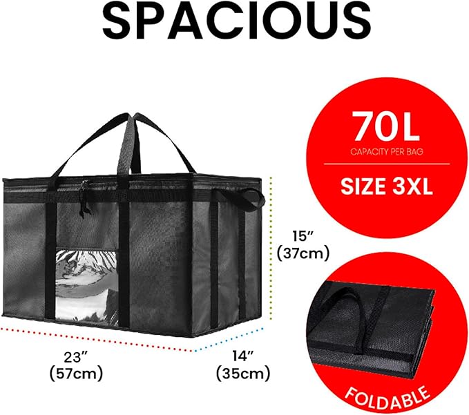 NZ home Insulated Bags for Food Delivery (3XL, 10 Pack, Black) Grocery Shopping Cooler Bag, Pizza Delivery, Hot & Cold Catering Tote, Reusable, Foldable & Heavy Duty