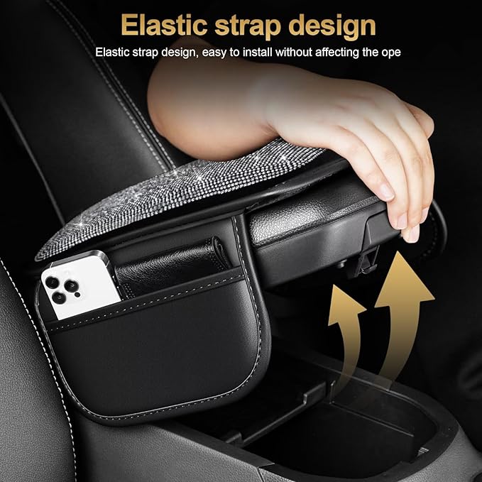 Bling Center Console Cover Fit for Toyota Highlander with 2 Storage Bags Fully Diamond-Studded Style Center Console Armrest Cover with Total Protection(Silver Diamond)