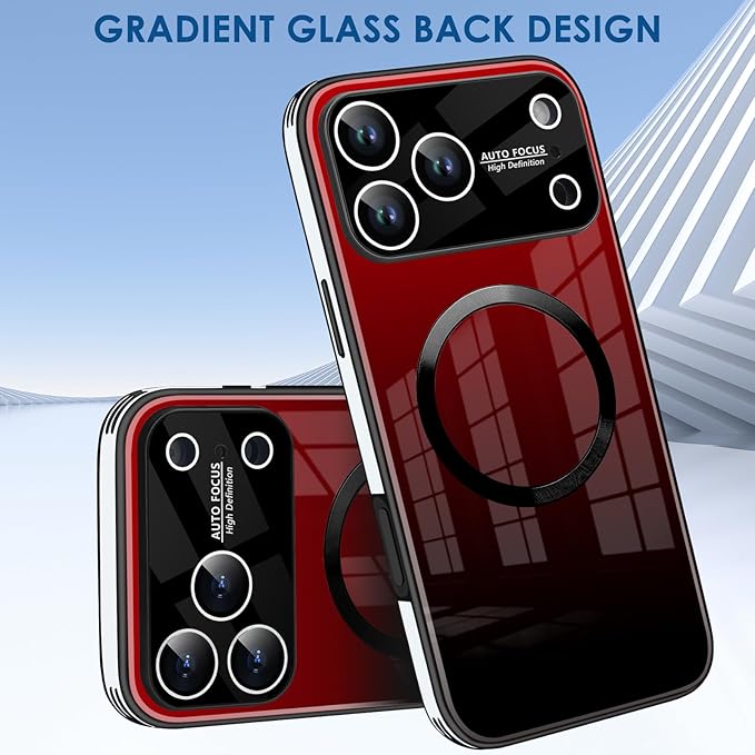Guppy Compatible with iPhone 17 Pro Max Magnetic Case, with Full Camera Lens Protector [Compatible with MagSafe] Scratch Resistant Gradient Glass Back Cover Phone Case-Red