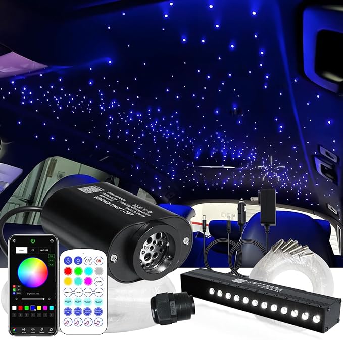 AZIMOM Mini 6W Twinkle 600pcs0.03in 13.1ft Fiber Optic Starlight Headliner+180pcs Pure White Meteor Shooting Star for Car Home, End Glow Fiber Strands Sound-Activated APP& Remote Control