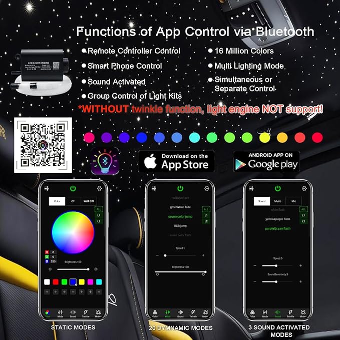 AKEPO 16W APP Fiber Optic Starlight Headliner Lights for Car & Home, 400pcs 0.75mm 6.5ft/2m Optical Fibers Sound Activated Light Source with Remote+APP Control Star Ceiling Light Kit