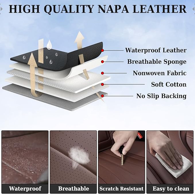 Coverado Front and Back Car Seat Covers, Leather Seat Cover for Cars, Automotive Seat Cover Full Set, Waterproof Universal Seat Cover, Luxury Car Seat Protector Seat Cushion Fit Most Cars, Coffee