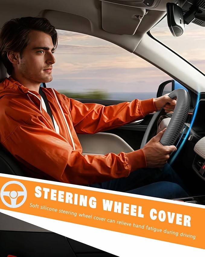 WOCOCN Car Steering Wheel Cover, Thin Anti-Skid Silicone Steering Wheel Cover for Men & Women, Universal Automotive Interior Accessories for Most Cars (Grey)