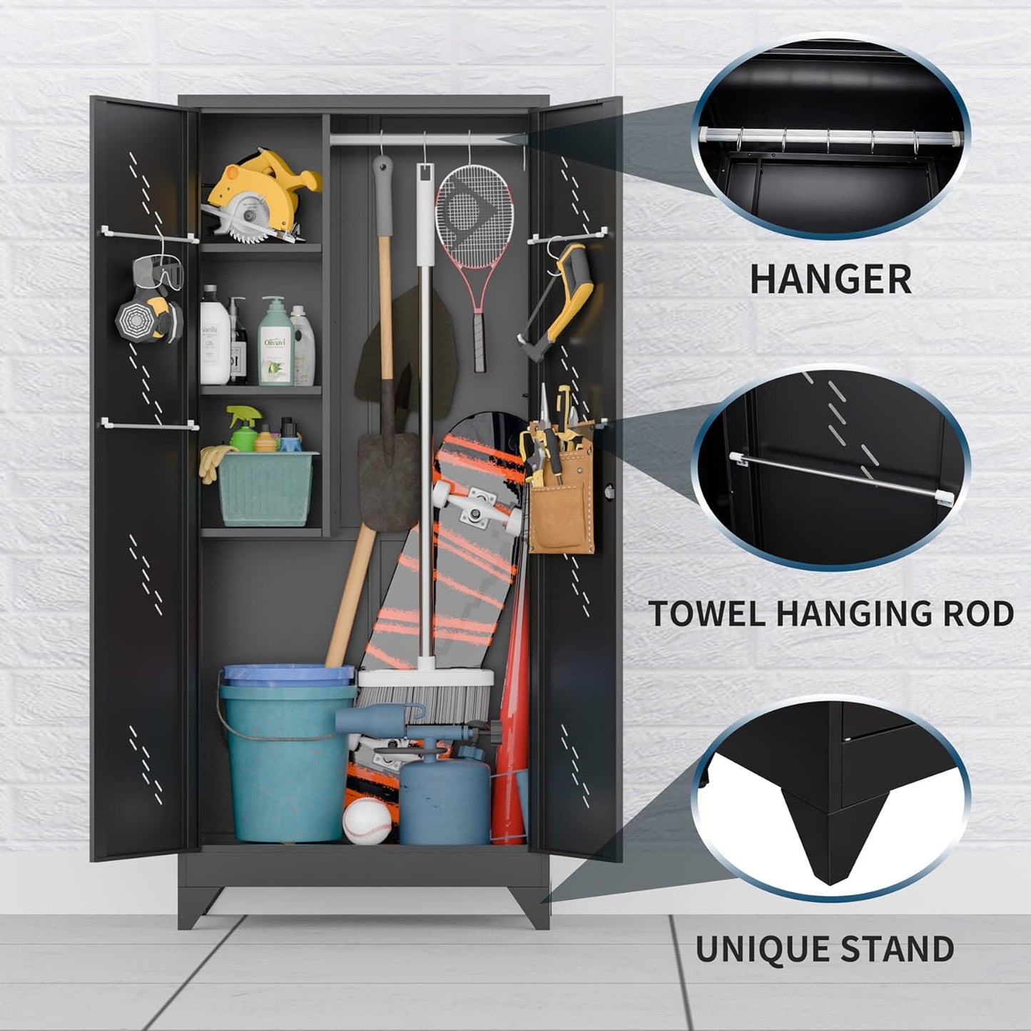 75" Taller Metal Garage Storage Cabinet,Tool Chest, Large Office Storage Cabinet with Lock Doors, Stainless Steel Bottom Plate with Holes,Utility Room Organization(H75* D16.53*L33.85)(Black)
