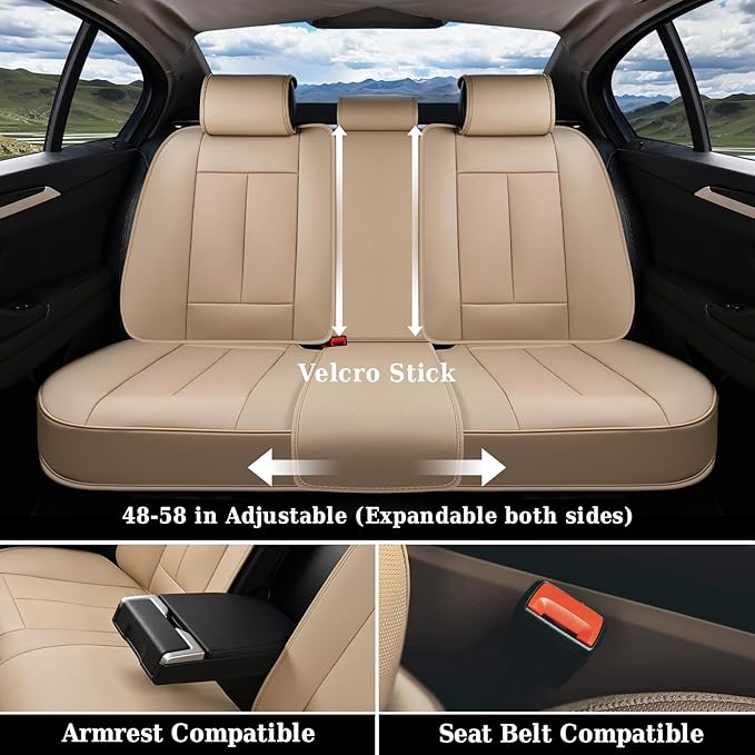 Coverado Car Seat Covers Full Set, Premium Nappa Leather Seat Covers for Car, Waterproof Car Seat Protector with Lumbar Support, Automotive Seat Covers Universal Fit for Most Cars SUV Truck(Beige)