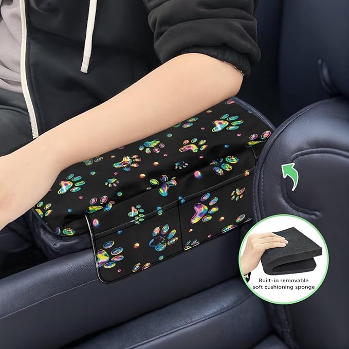 Dreaweet Tie Dye Dog Paw Center Console Cover Thick Car Armrest Cushion with Storage Bag Soft Comfortable Arm Rest for Car Center Console Universal Fit SUV Truck Sedan