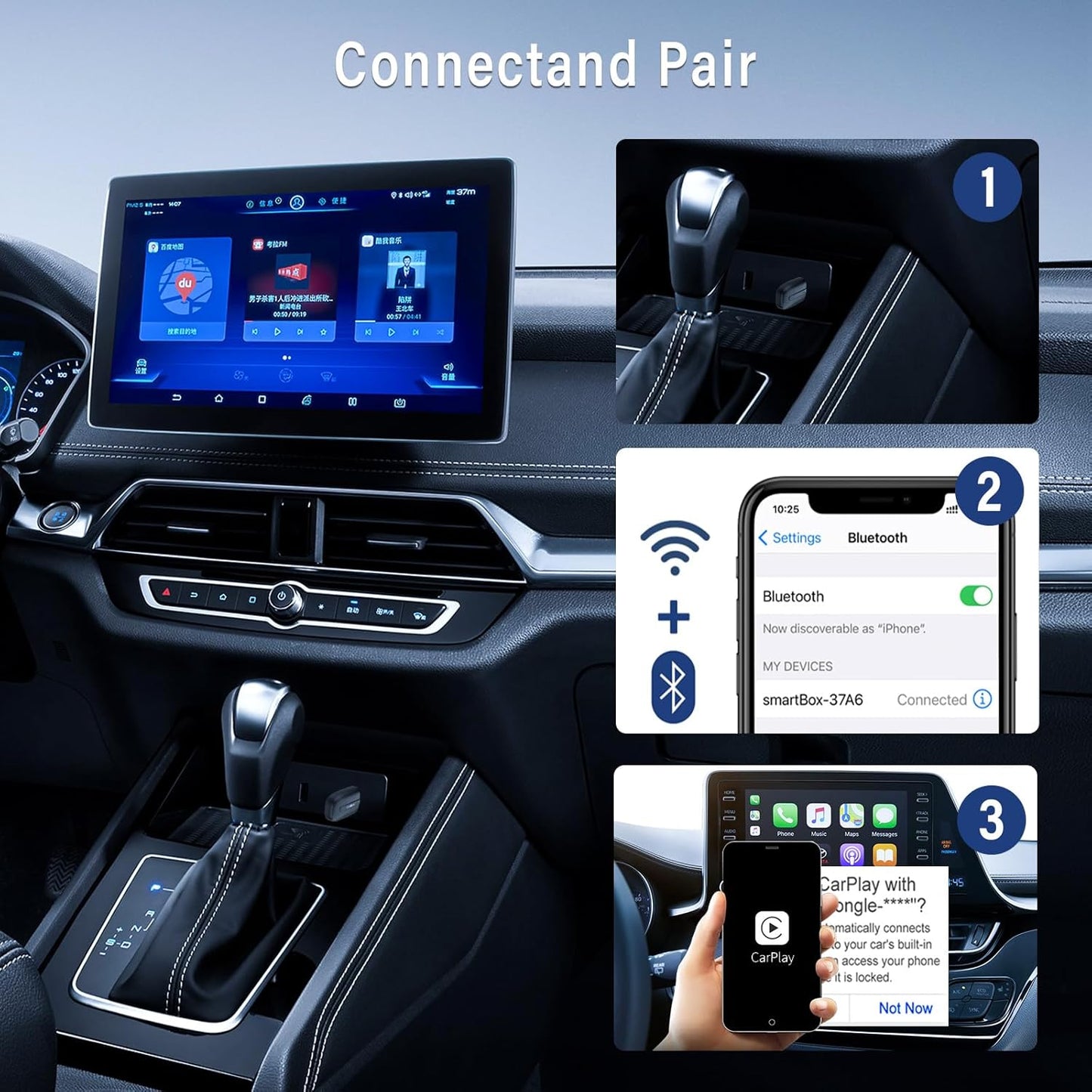 Wireless Carplay Adapter for iPhone, Easy to Upgrade Wired CarPlay to Wireless, Plug & Play, Mini Size with USB A & Type-C, Wireless Control Adapter for Cars from 2017 and iOS 10+ (Black)