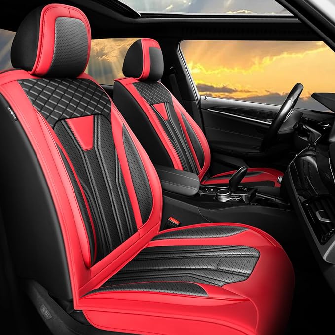 Fit Frontier Car Seat Covers Compatible with Nissan Frontier 2010-2025 2026 - Full Set Premium Leather， Waterproof Breathable， All-Weather Seat Cushion Protecto&Airbag Compatible （Red & Black
