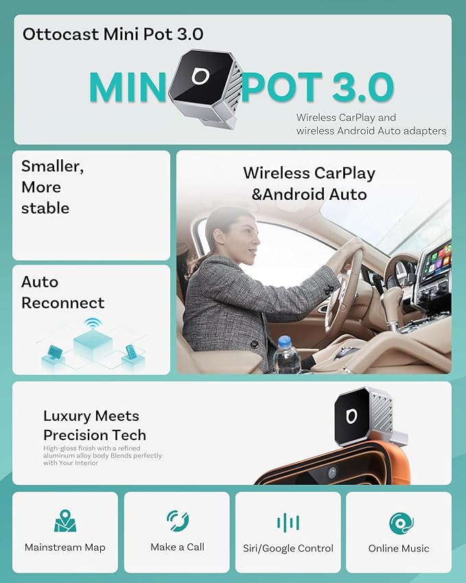 OTTOCAST USB-C Mini 3.0 Wireless CarPlay & Android Auto Adapter – for Apple iPhone/AndroidPhone, 2-in-1 Multi-User Type-C Wireless Bluetooth Dongle, for Cars with Wired CarPlay/Android Auto (Silver)