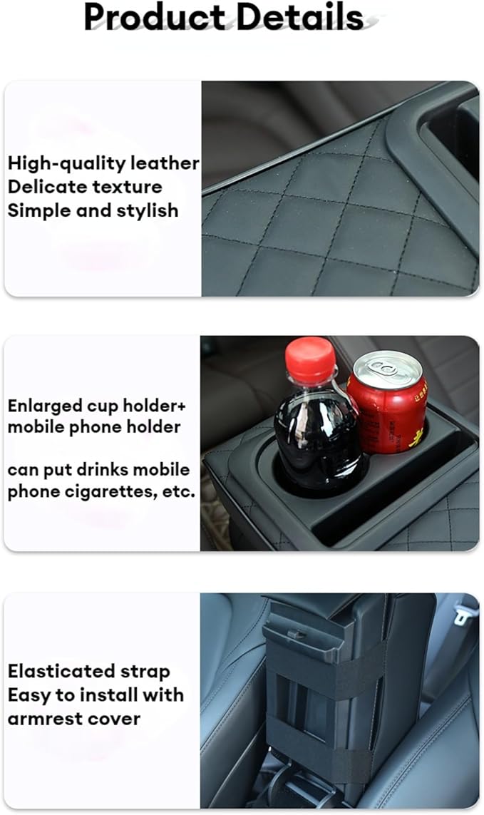 Center Console Booster Cover Car Armrest Box Pad Leather Arm Rest Cushion with Cup Holder Mobile Phone Storage Armrest Protection Pad for Car (Grid Coffee, 13.58 * 8.07 * 2.95 inch)