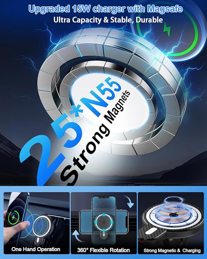 PZK Car Phone Mount for Toyota Tundra 2014 2015 2016-2020 2021 Accessories Custom Air Vent Car Phone Holder Magnetic 15W Fast Wireless Charger Hands Free 360° Rotation Cell Phone Automobile Cradles