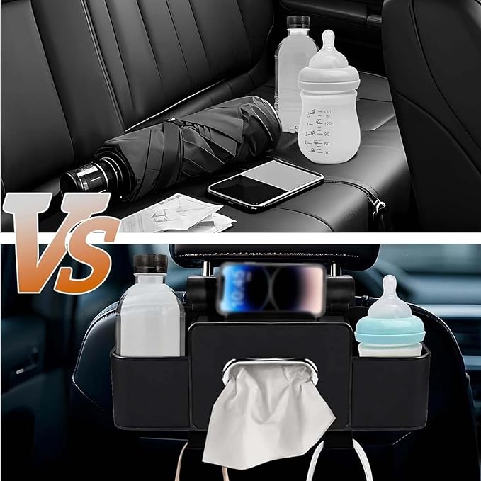 3-in-1 Car Backseat Organizer, 2026 Upgraded Multifunctional Car Seat Back Storage Box, Backseat Car Organizer with 2 Cup Holders, Tissue Box & Hooks, Universal Car Essentials (Black)