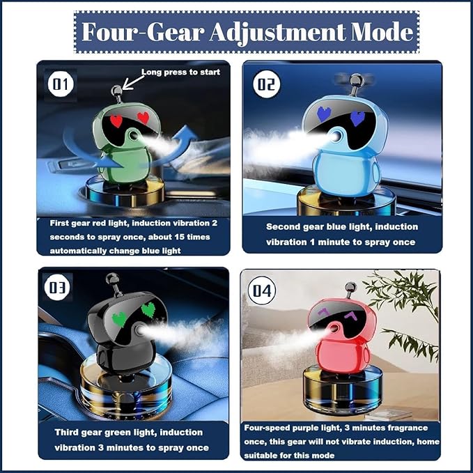 Robot Intelligent Aromatherapy Machine, Smart Cute Robot Car Air Freshener, Fine Spray/Fillable/Four-Gear Adjustment/Vibration Sensing/On-Off/Large Capacity Long-Lasting Fragrance/V1 (Red, Hilton)