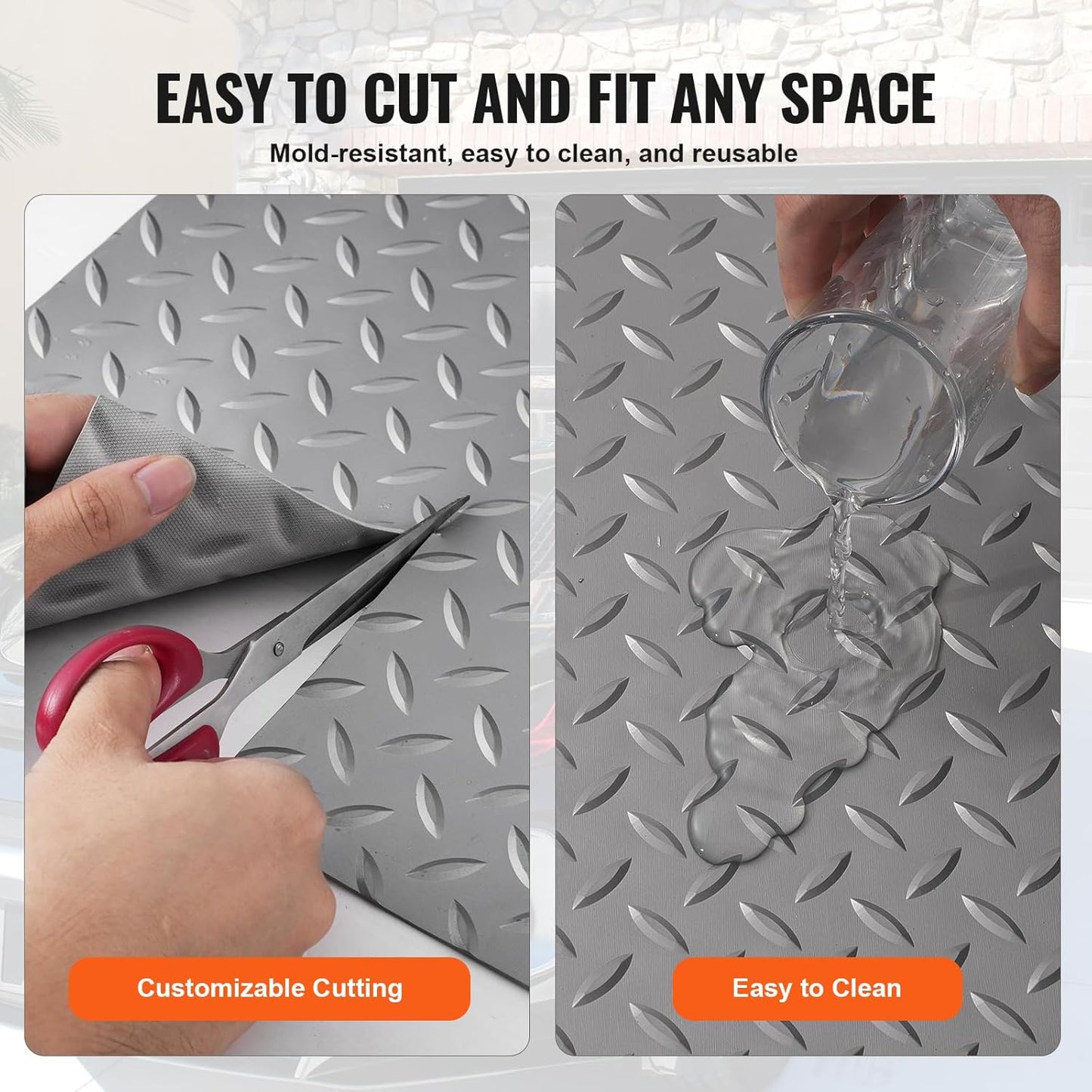 VEVOR Floor Mat, 13 x 4.9 FT PVC Flooring Roll, Non-Slip Diamond Texture, 64.58 sq.ft Covering Space, Garage Mats for Under Cars, Gyms, Boats, Car Trailer, Silver