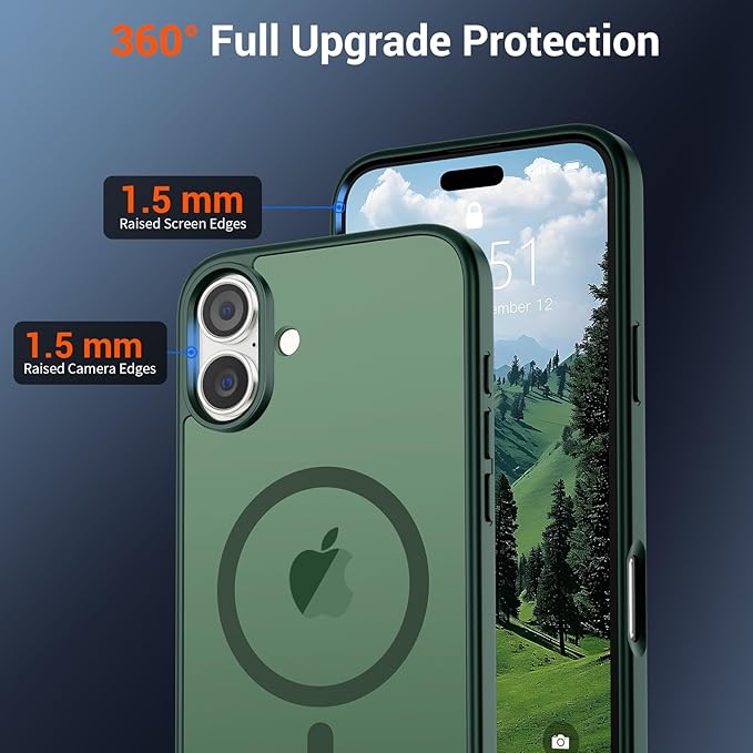 SUPFINE Magnetic for iPhone 16 Plus Case (Compatible with MagSafe) (Military Grade Drop Protection) Slim Translucent Matte Shockproof with Anti-Fingerprint Phone Case,Forest Green