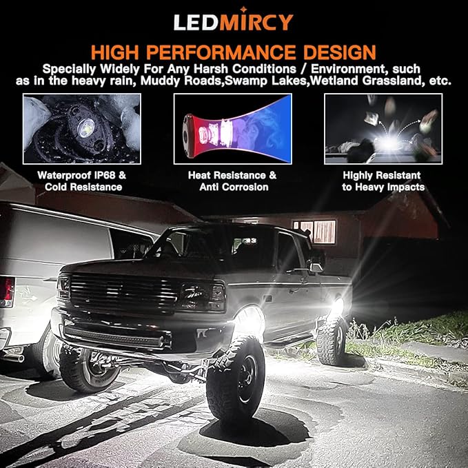 White Rock Lights,LEDMIRCY High Power Underbody Pure White LED Rock Lights 12PCS for UTV Trucks Off Road ZRZ Auto Car Boat ATV SUV Waterproof High Power Neon Trail Rig Light Shockproof