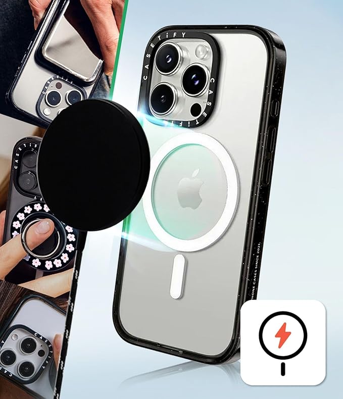 CASETiFY Impact iPhone 15 Case [Slim/Compatible with Magsafe / 8.2 ft. 4X Military Grade Drop Protection] - Flowers - Clear Black
