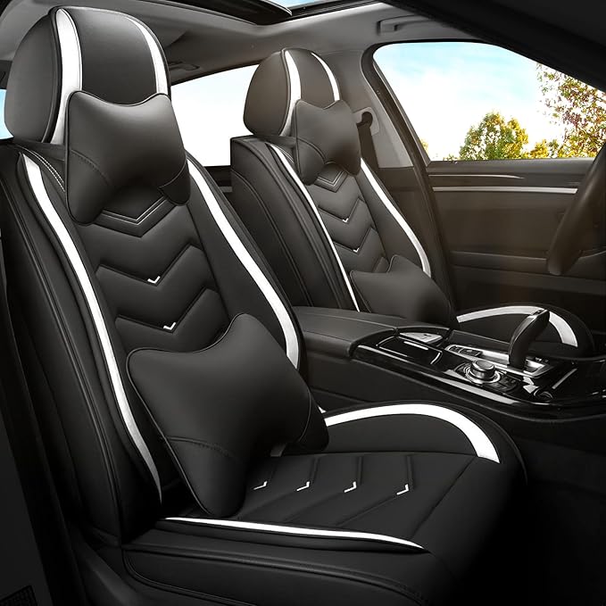 Car Seat Covers for KIA Sedona 2003-2021, Premium Nappa Leather Car Seat Cover, Stylish Sport Seat Covers， Automobile Seat Cover Sets.(Luxury 2 Seats/Black White)