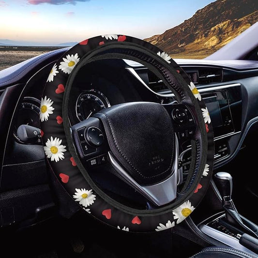 AFPANQZ Cute Daisy Pattern Steering Wheel Cover for Women Sweat Absorbing Non-Slip Steering Wheel Protection Case Machine Washable Universal White Flower on Black