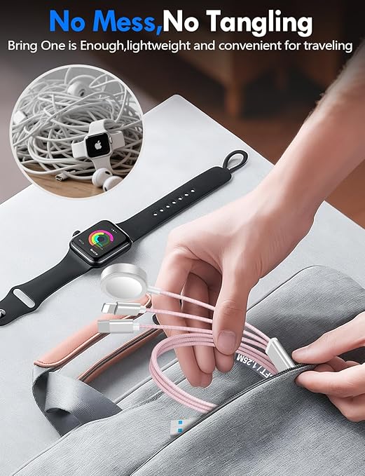 1Pack Multi Charging Cable Cord for Travel Essentials,Apple Watch Charger,iPhone Charger,[3-in-2] Type C/LCable Portable Designed for iWatch,iPhone 17-8,Galaxy S25-21,AirPods,iPad-4FT Pink