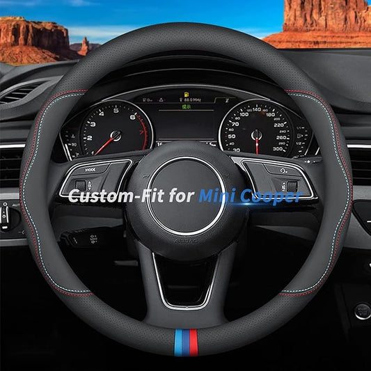 Custom-Fit for Mini Steering Wheel Cover, Premium Leather Car Steering Wheel Cover with Logo, Non-Slip, Breathable, for Mini Accessories (C-Style,for Mini Cooper)