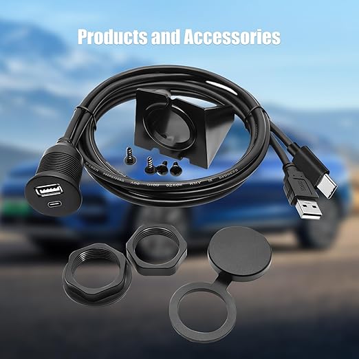 Dual Port USB A/C 2.0 Male to USB A/C 2.0 Female Extension Cable,Flush Mount Waterproof Panel Cable for Car,Truck,Boat,Motorcycle Dashboard 3.3ft