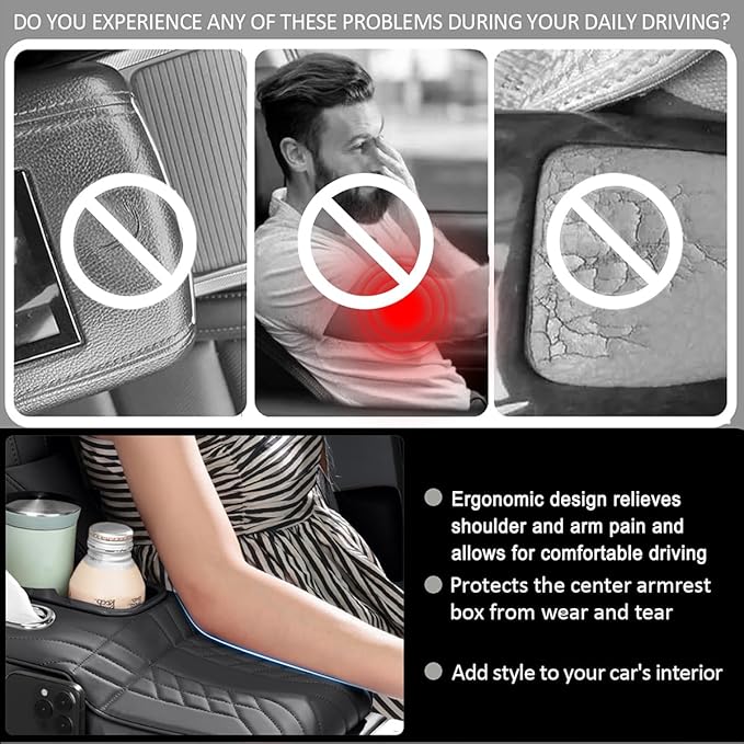 Car Armrest Storage Box for Infiniti QX60 2013–2025 2020 2021 2022 2023 2024, Sport-Style Center Console Organizer with Side Pocket, PU Leather Armrest Cushion, Elbow Support Pad,A Black