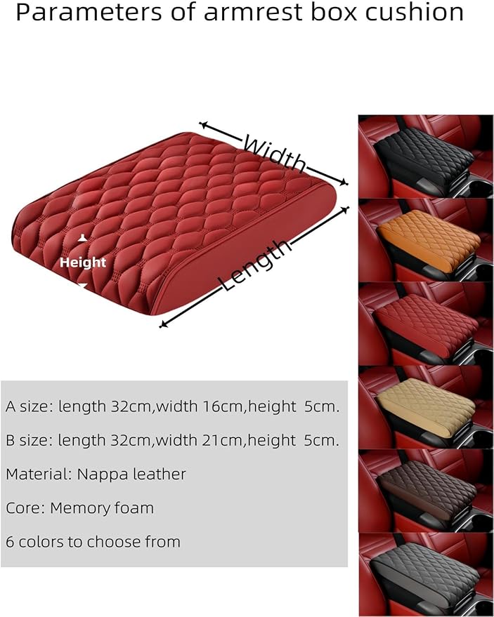 Car Leather Waterproof Center Console Seat Arm Rest Cover Auto Memory Foam Cotton Height Armrest Box Pad, 6 Colors, 2 Sizes (Red, 12.6"x6.3"x2")