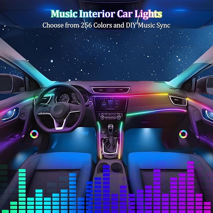 Ambient Lighting Car Led Lights Interior,57in USB Dreamcolor 2 in 1 Acrylic Neon Flexible Strip Fiber Optic LED Ambient Lighting Kits with Remote APP, RGB Music Lights Sync for Inside car Decorations