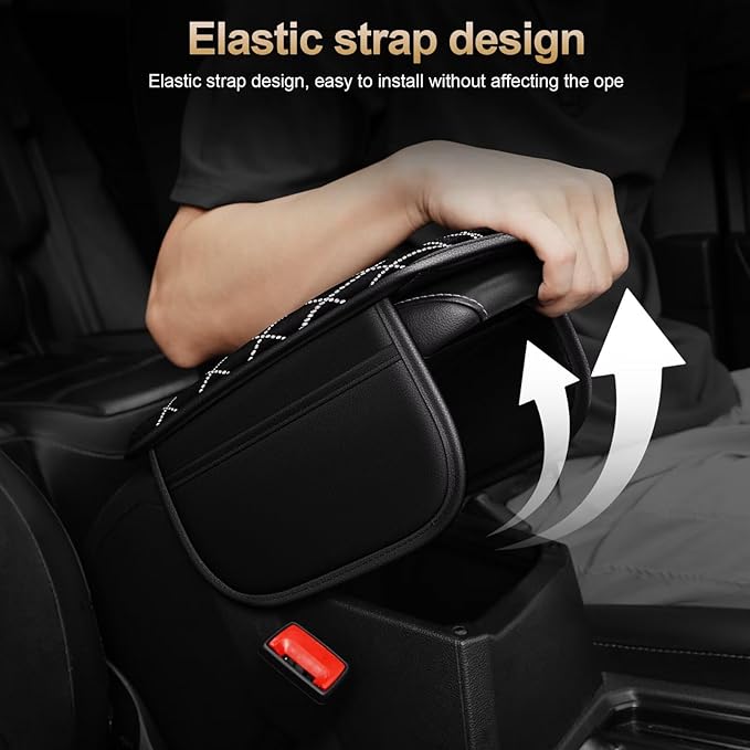 Bling Center Console Cover with 2 Side Pockets Fit for Corolla Multi-Functional Car Armrest Cushion Diamond-Studded Rhombus Pattern Style(Black&Silver Diamond)