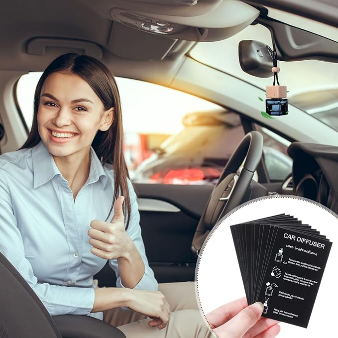 DaisyInner 60 Sets Car Diffuser Bottles Empty Bulk Hanging Car Air Freshener Diffuser Bottles Bulk Glass Perfume Holder with Instruction Cards for Essential Oil Fragrance Pendant(Square,Black)