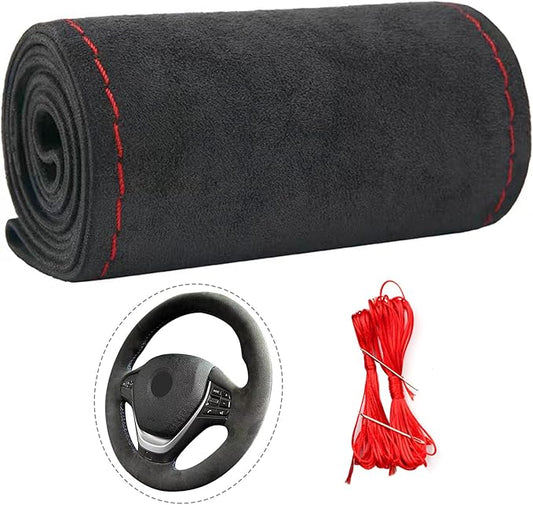 Suede Leather Steering Wheel Cover Wrap Kit - DIY Stitch-On for 16-17" Wheels, Superior Sweat Absorption & Non-Slip Grip, Comfortable & Durable Year-Round Upgrade