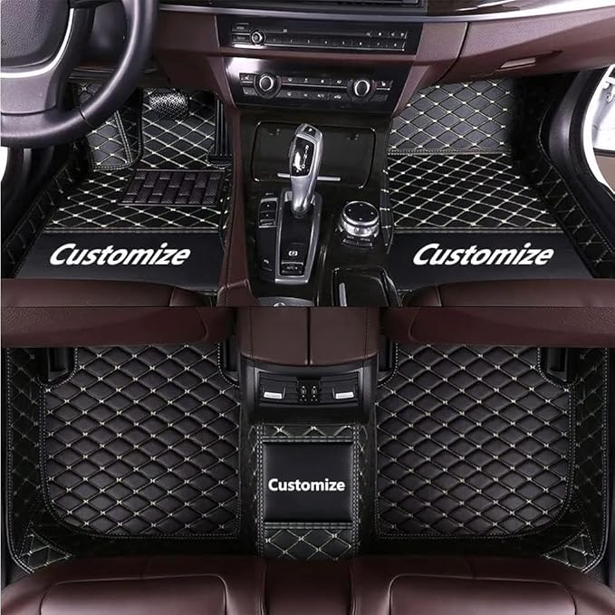 Custom Making Car Floor Mats Compatible for 2000-2025 All Mode Sedan SUV Sports Car Full Coverage Cute Pads Protection Non-Slip Leather Floor Liners (Black Beige Line)