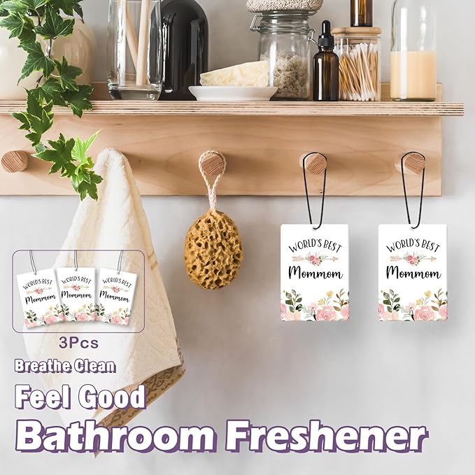 Mommom Grandma Gifts Car Air Freshener Accessories 3pcs,World's Best Gifts for Granmda Christmas, Pink Flower Rustic Hanging Scent Lavender Fragrance Card for Women Closet Bathroom Home Decor